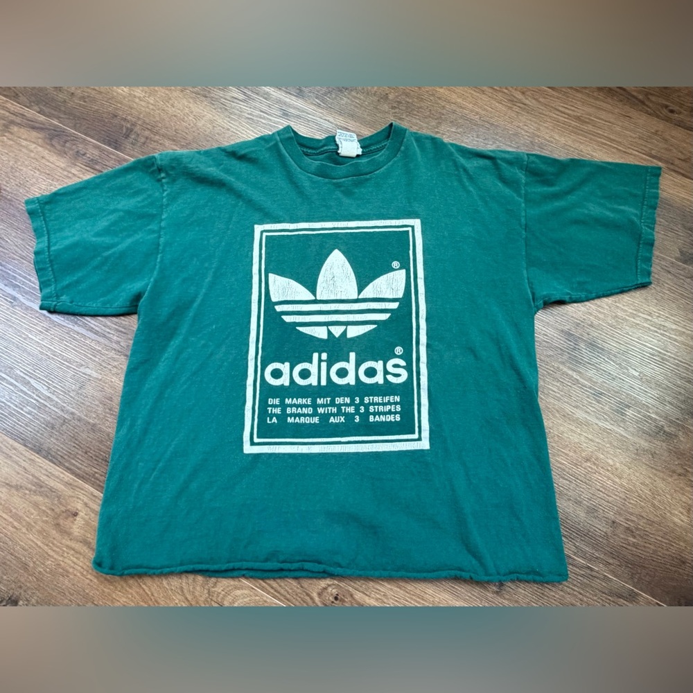 Vintage 90s Green Adidas 3 Stripe Trefoil Big Logo Double Sided Cotton Tshirt XL